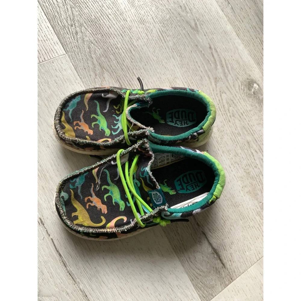 Hey Dude Wally Toddler Dino Black Lime Green Dinosaur Loafers Shoes Size 8T